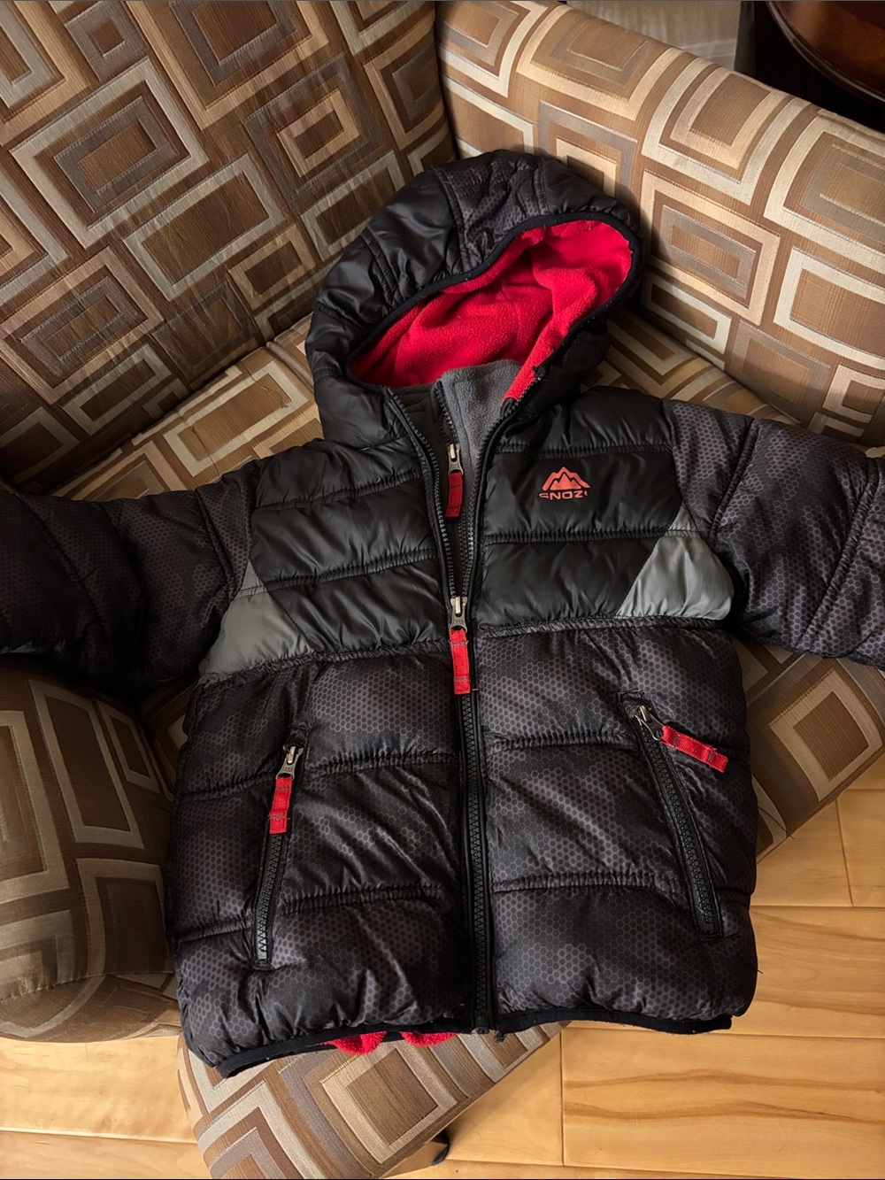 Snozu Black Puffer Jacket with Red Lining and Hood